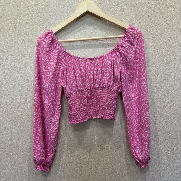 H&M Women's Pink Floral Smocked Long Sleeve Peasant Top Size XS - Picture 6 of 6